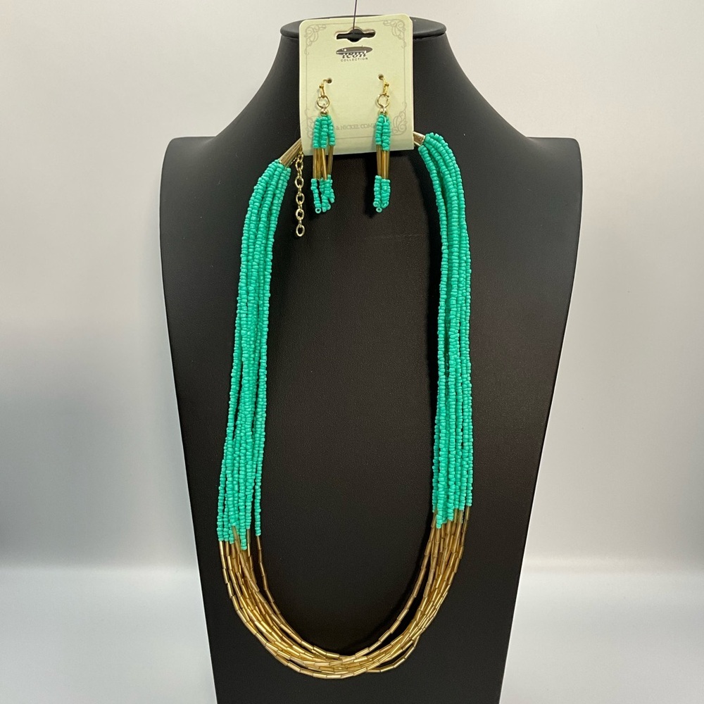 Beaded Necklace & Earings Set Multi Strand Gold and Green